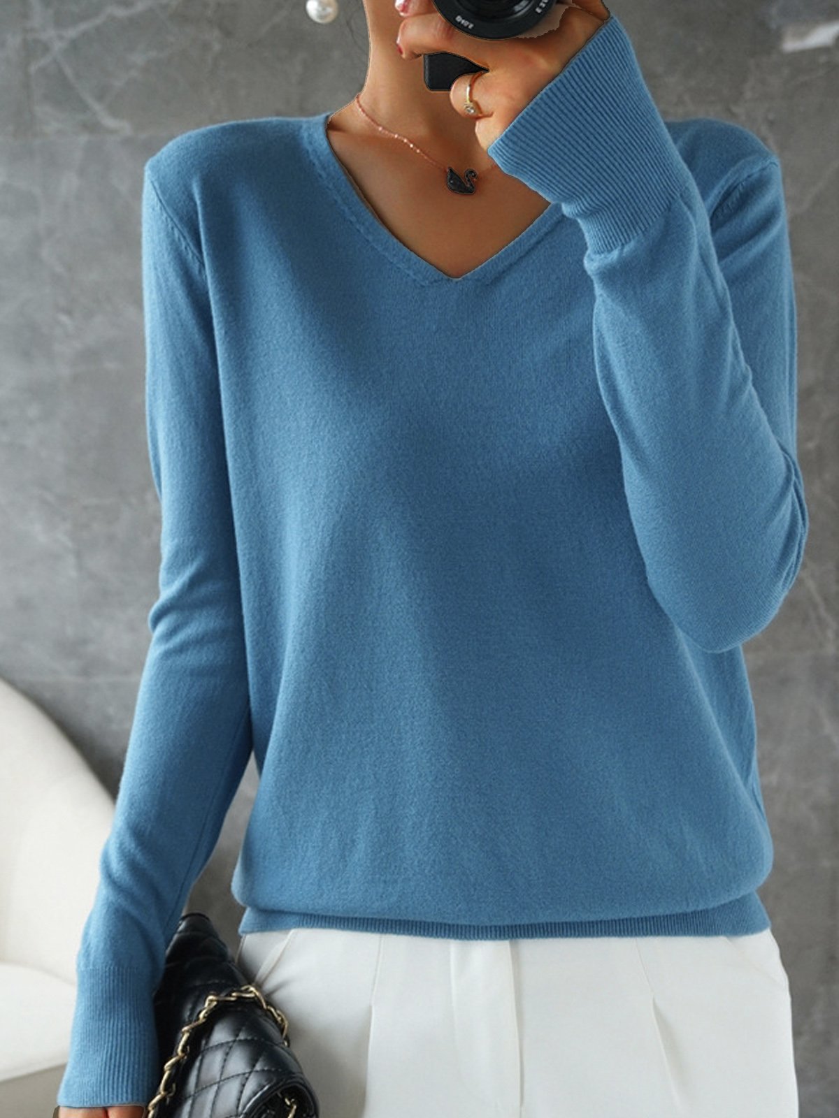 Women's Spring/Fall Plain Casual Long Sleeve V Neck Yarn/Wool Yarn Sweater