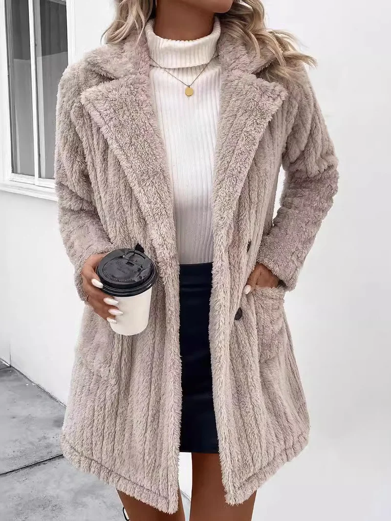 Women's Winter Outerwear Fluff/Granular Fleece Fabric Casual Buttoned Plain Long Sleeve Lapel Collar Fleece Coat