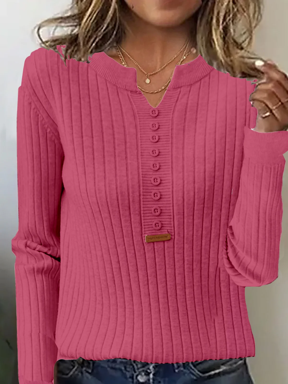 Women's Buckle Spring/Fall Plain Casual Long Sleeve Notched Yarn/Wool Yarn Sweater