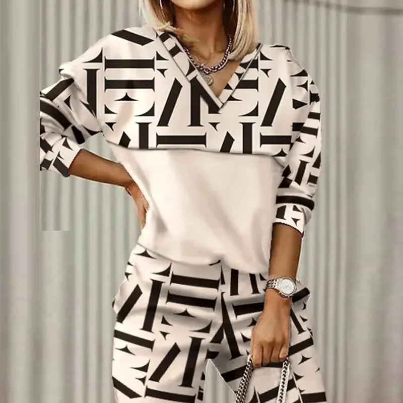 Women's Geometric Daily Going Out Two Piece Set Long Sleeve Casual Spring/Fall Top With Pants Matching Set