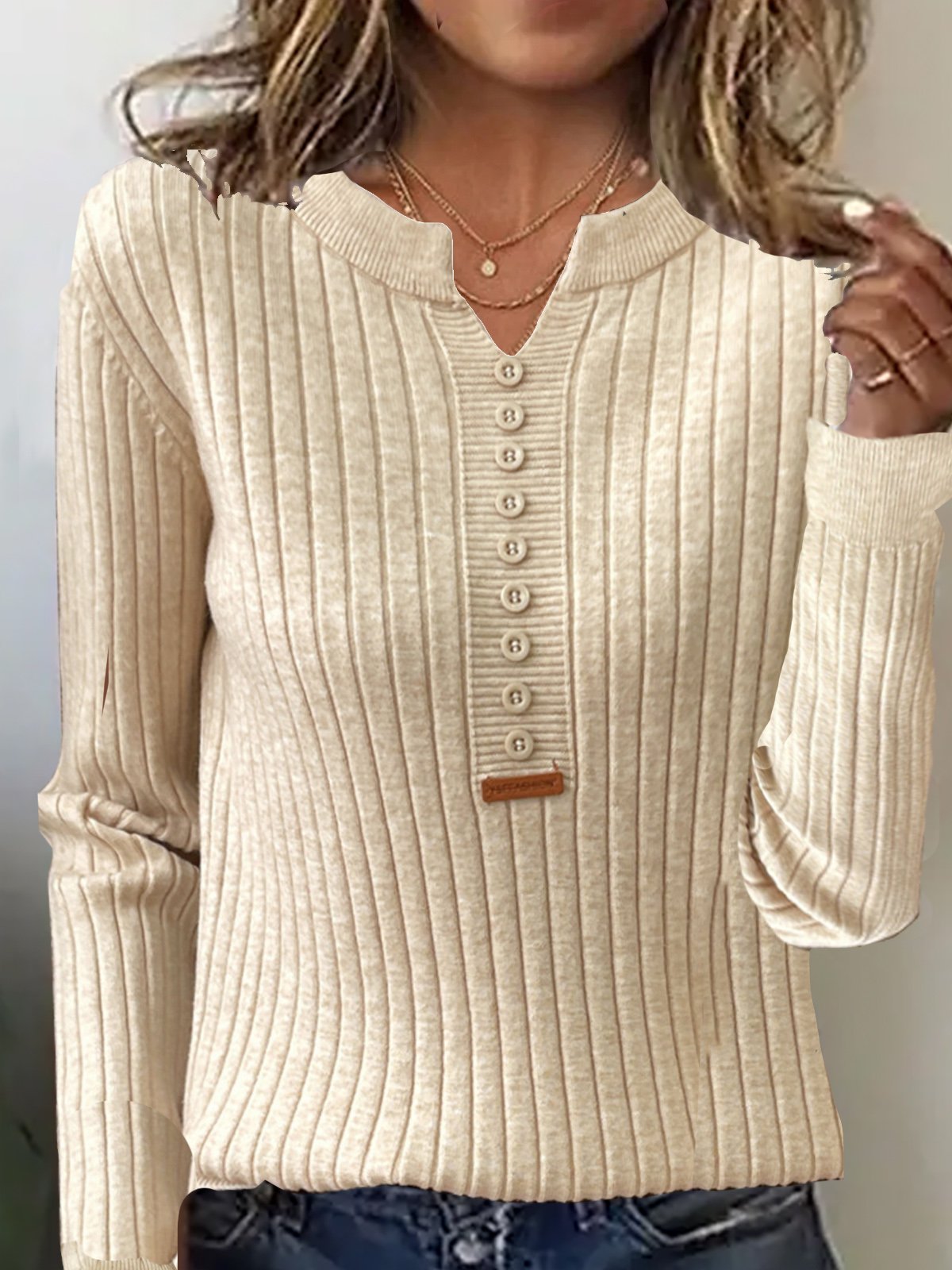 Women's Buckle Spring/Fall Plain Casual Long Sleeve Notched Yarn/Wool Yarn Sweater