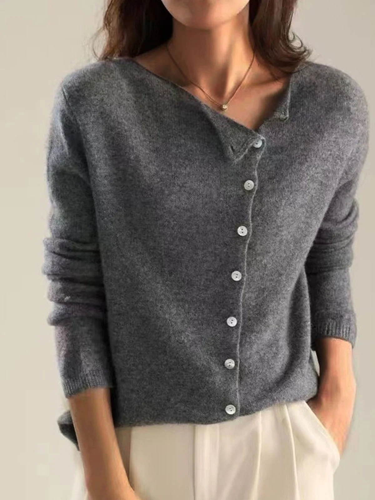 Women's Casual Spring/Fall Plain Yarn/Wool Yarn Buckle Cardigan