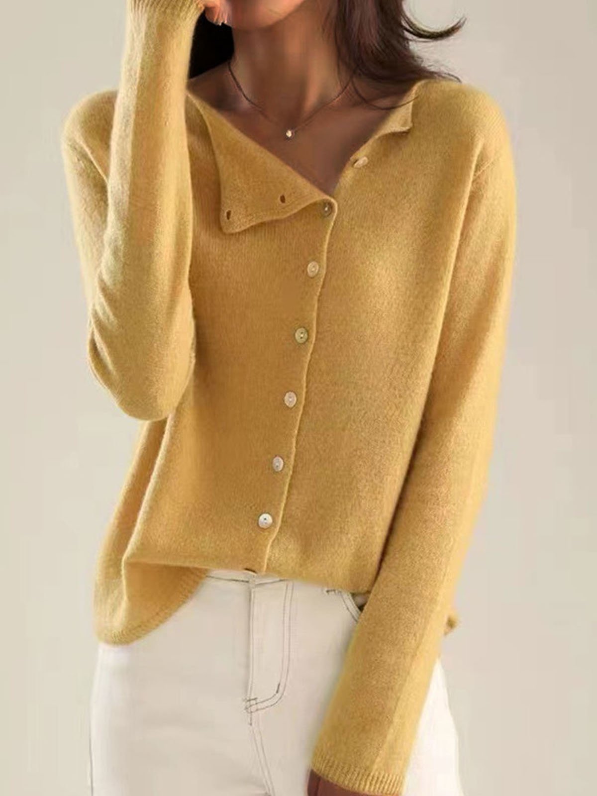 Women's Casual Spring/Fall Plain Yarn/Wool Yarn Buckle Cardigan