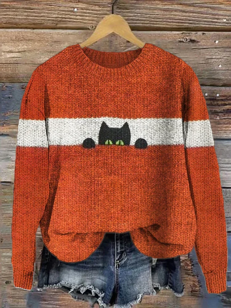 Women's Winter Cat Casual Long Sleeve Crew Neck Knitted Sweater