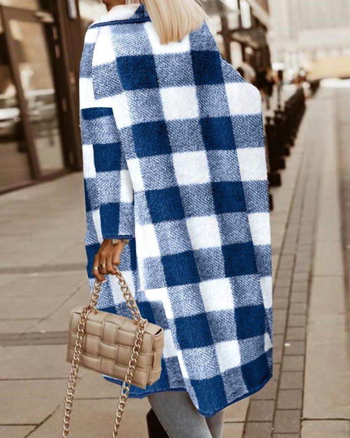 Women's Spring/Fall Outerwear Casual Fluff/Granular Fleece Fabric Plaid Long Sleeve Jacket