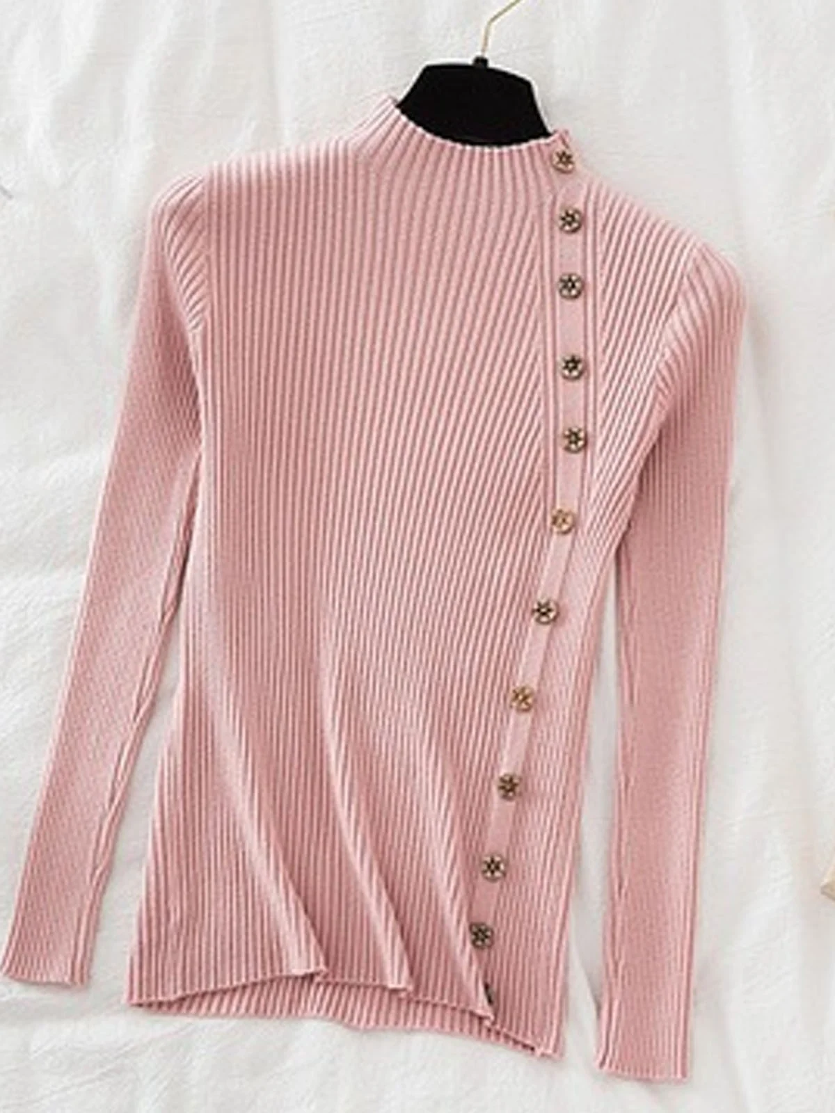 Women's Buckle Winter Plain Casual Long Sleeve Mock Neck Yarn/Wool Yarn Sweater