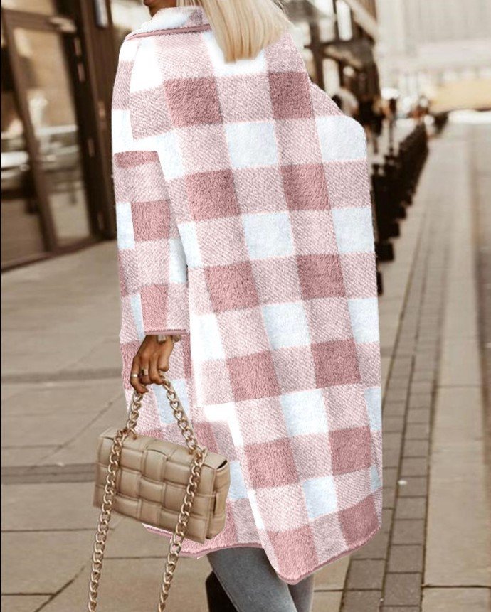 Women's Spring/Fall Outerwear Casual Fluff/Granular Fleece Fabric Plaid Long Sleeve Jacket