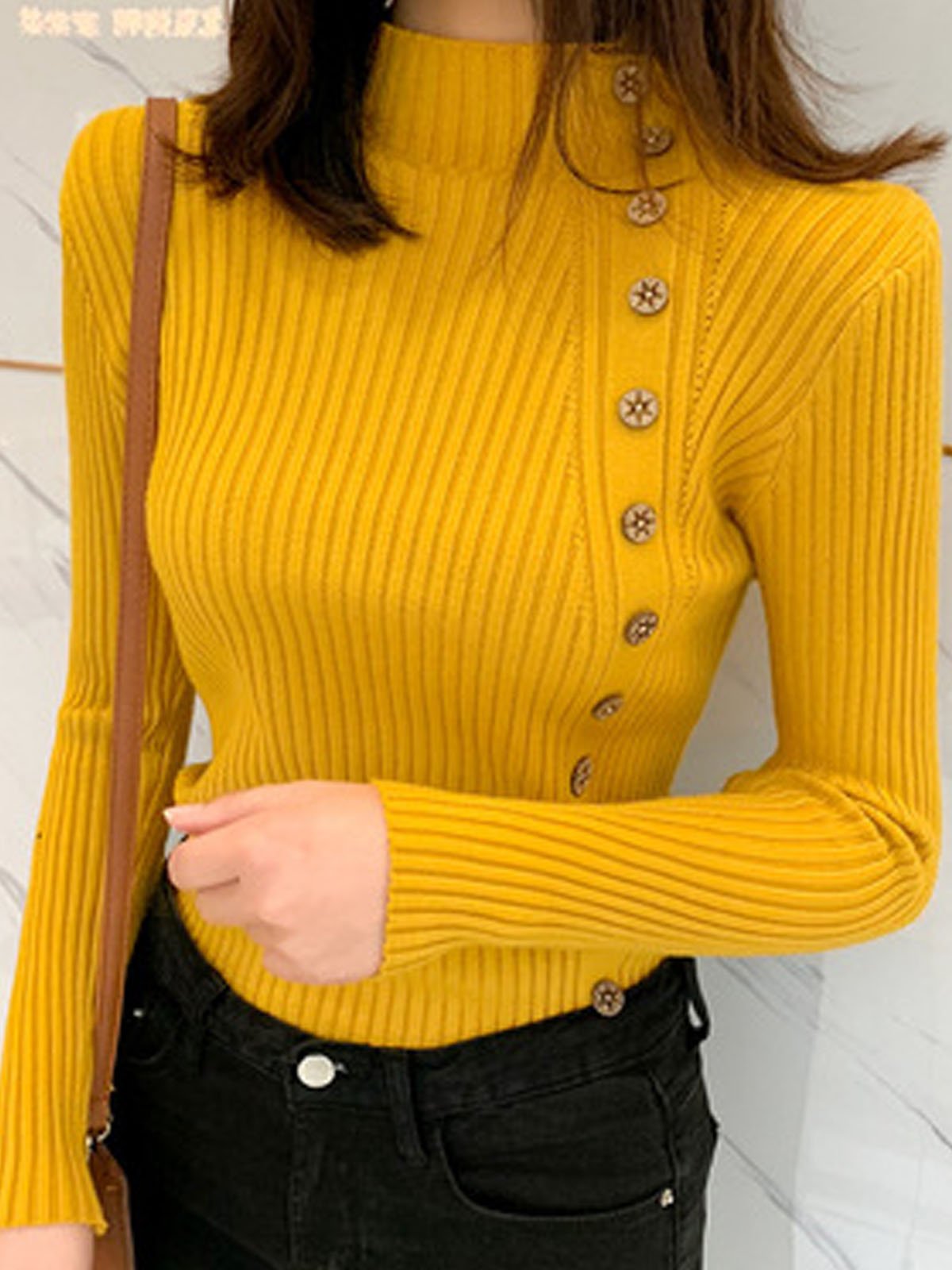 Women's Buckle Winter Plain Casual Long Sleeve Mock Neck Yarn/Wool Yarn Sweater