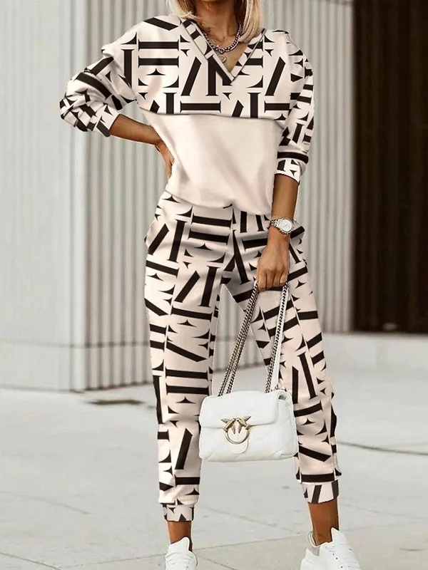 Women's Geometric Daily Going Out Two Piece Set Long Sleeve Casual Spring/Fall Top With Pants Matching Set