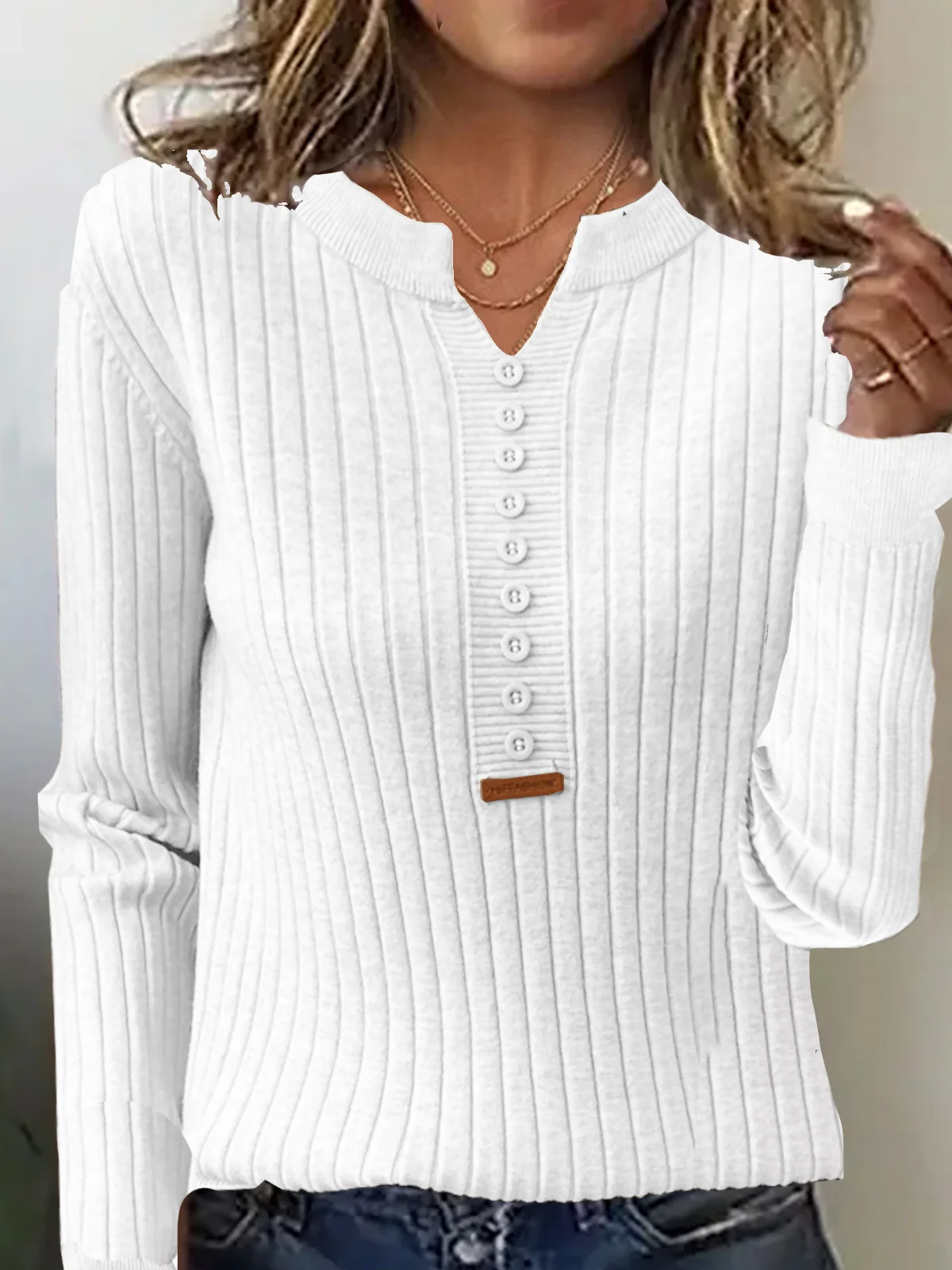 Women's Buckle Spring/Fall Plain Casual Long Sleeve Notched Yarn/Wool Yarn Sweater