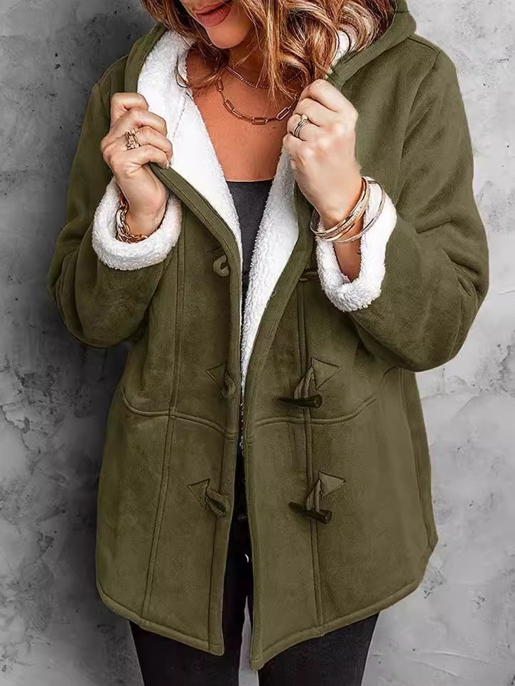 Women's Autumn Outerwear Casual Suede Buttoned Plain Long Sleeve Hoodie Jacket