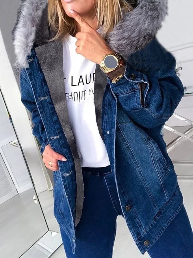 Women's Autumn Outerwear Casual Denim Plain Long Sleeve Hoodie Jacket