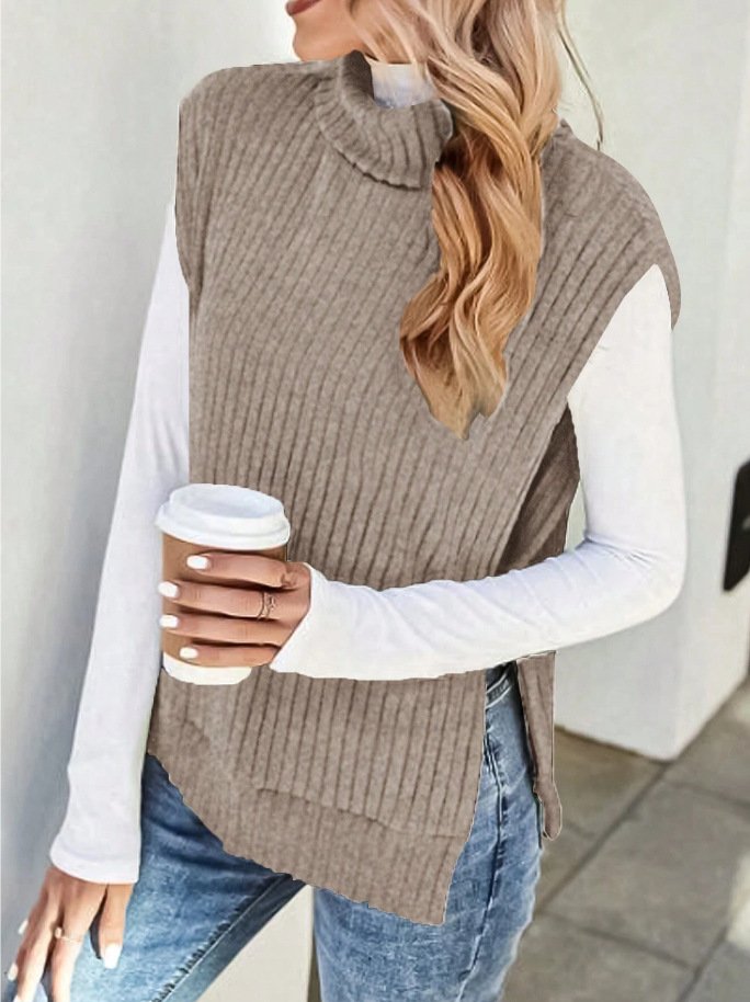 Women's Winter Plain Casual Sleeveless Turtleneck Yarn/Wool Yarn Sweater