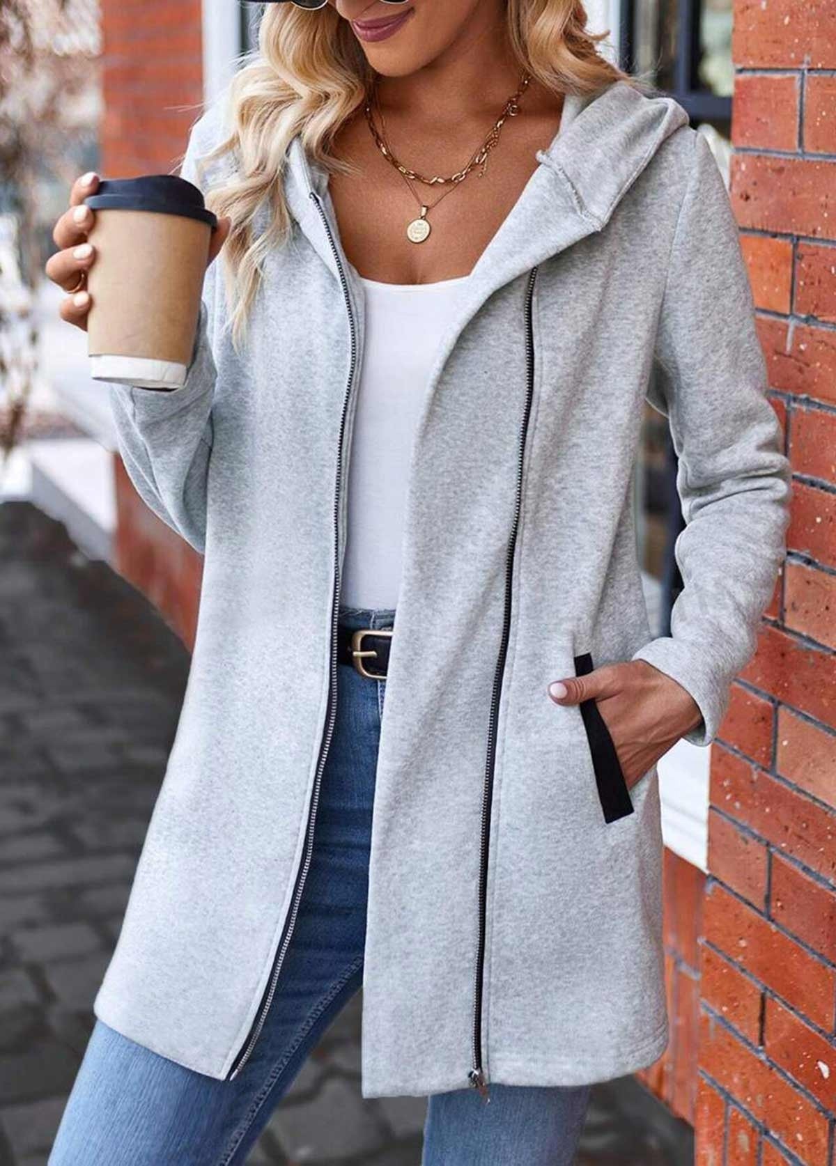 Women's Autumn Outerwear Casual Plain Long Sleeve Hoodie Jacket