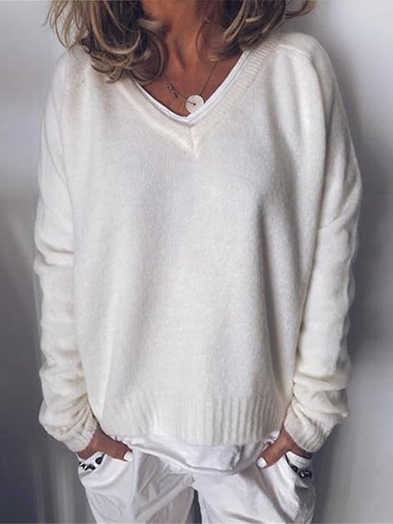 Women's Spring/Fall Plain Casual Long Sleeve V Neck Yarn/Wool Yarn Sweater