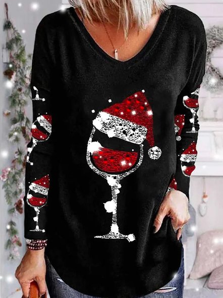 Women's Long Sleeve Blouse Spring/Fall Christmas Hot Drilling Jersey V Neck Daily Going Out Casual Top