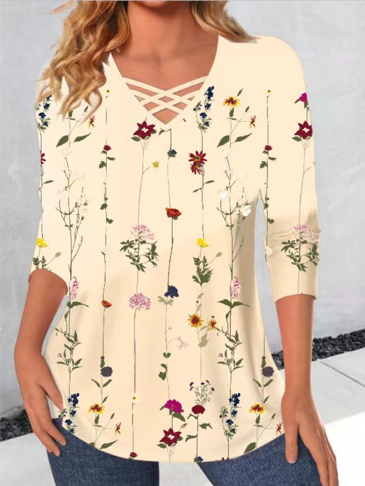 Women's Long Sleeve Blouse Spring/Fall Floral Jersey V Neck Daily Going Out Casual Top