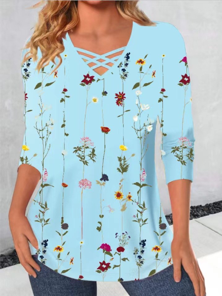 Women's Long Sleeve Blouse Spring/Fall Floral Jersey V Neck Daily Going Out Casual Top