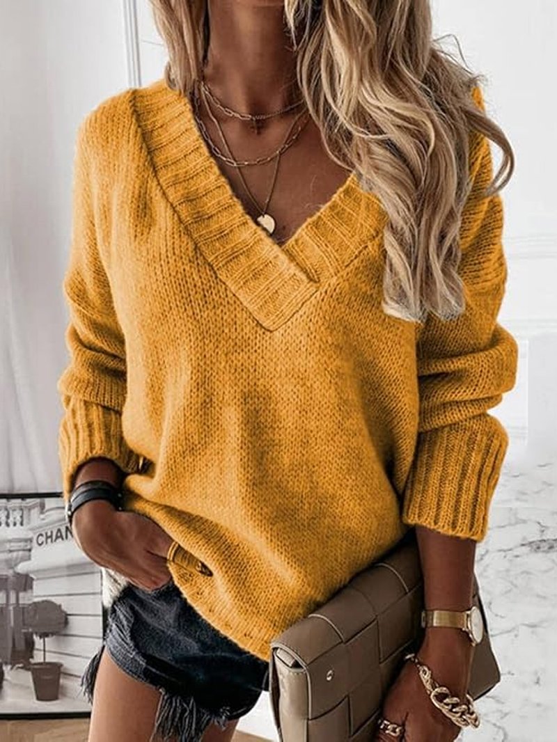 Women's Spring/Fall Plain Casual Long Sleeve V Neck Yarn/Wool Yarn Sweater