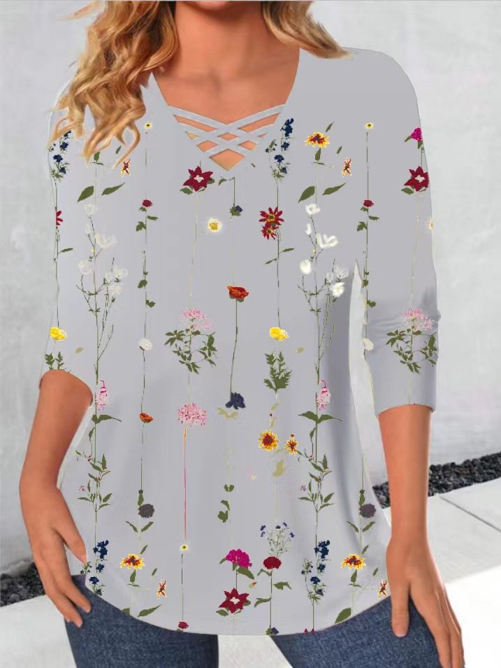 Women's Long Sleeve Blouse Spring/Fall Floral Jersey V Neck Daily Going Out Casual Top