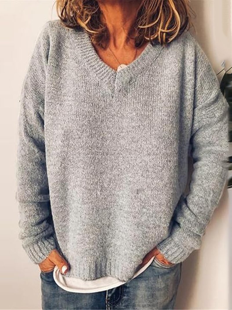 Women's Spring/Fall Plain Casual Long Sleeve V Neck Yarn/Wool Yarn Sweater