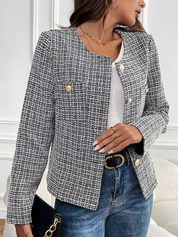 Women's Spring/Fall Outerwear Casual Buckle Plaid Long Sleeve Crew Neck Jacket