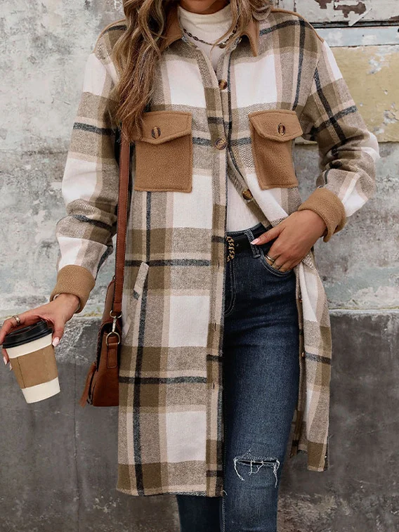 Women's Spring/Fall Outerwear Casual Buckle Plaid Long Sleeve Shirt Collar Jacket