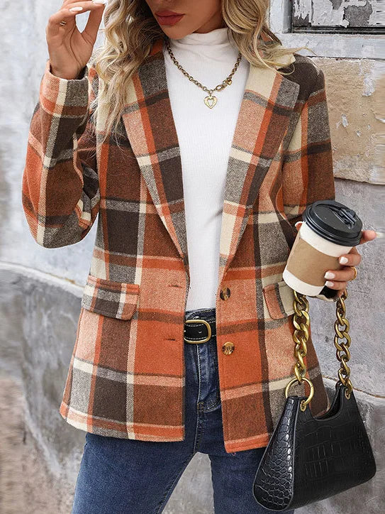 Women's Spring/Fall Outerwear Casual Plaid Long Sleeve Lapel Collar Regular Blazer