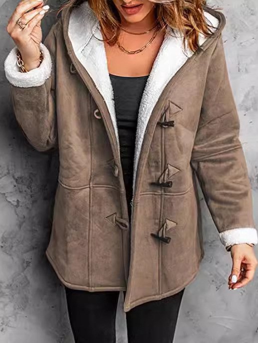 Women's Autumn Outerwear Casual Suede Buttoned Plain Long Sleeve Hoodie Jacket