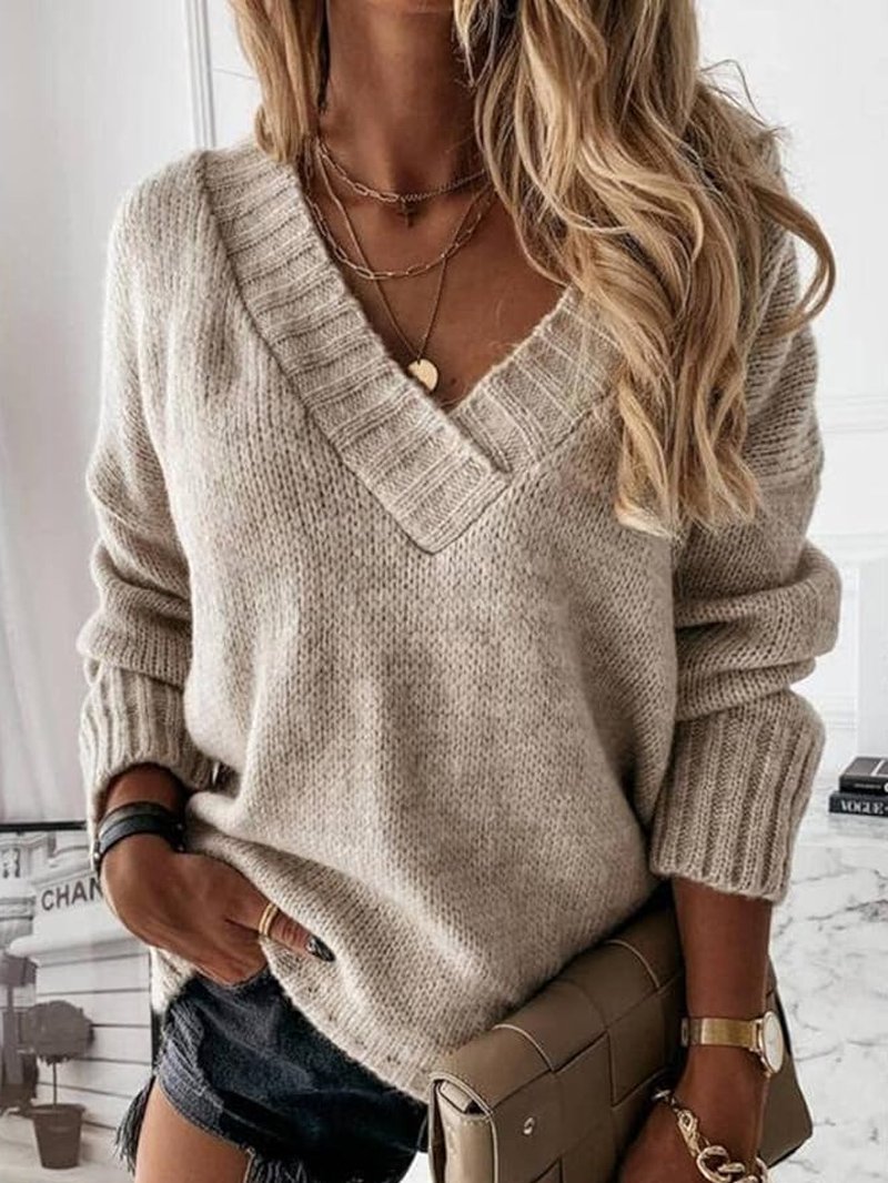 Women's Spring/Fall Plain Casual Long Sleeve V Neck Yarn/Wool Yarn Sweater