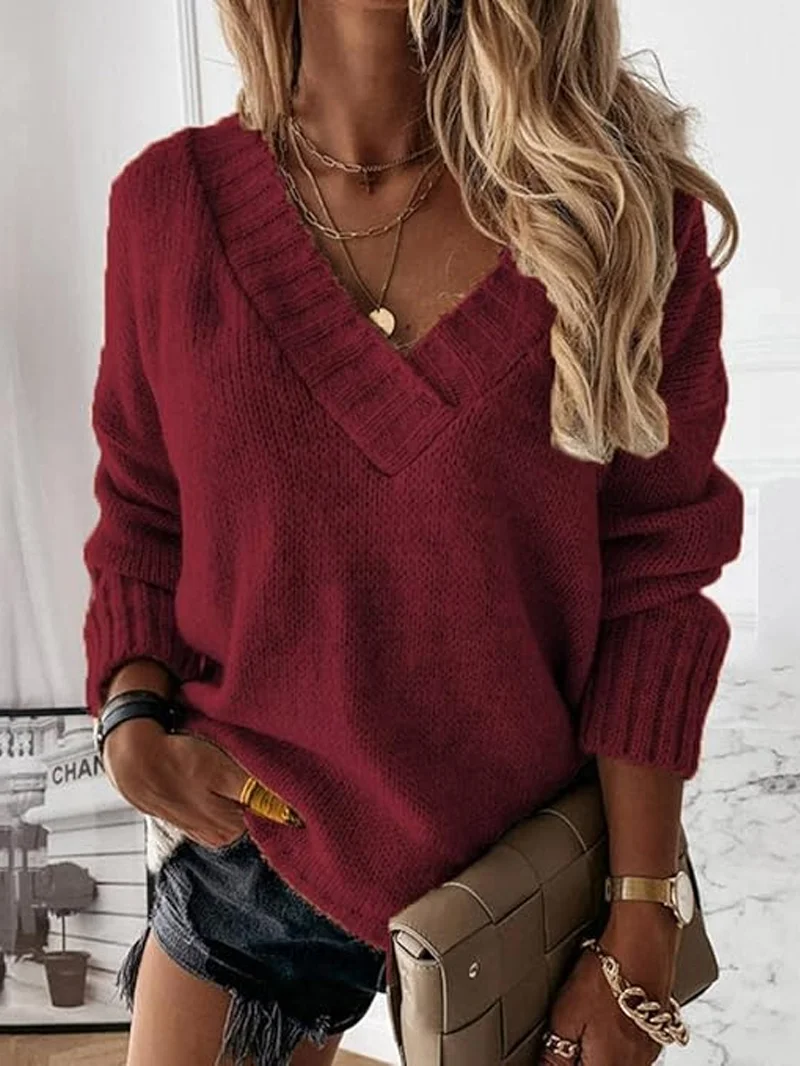 Women's Spring/Fall Plain Casual Long Sleeve V Neck Yarn/Wool Yarn Sweater