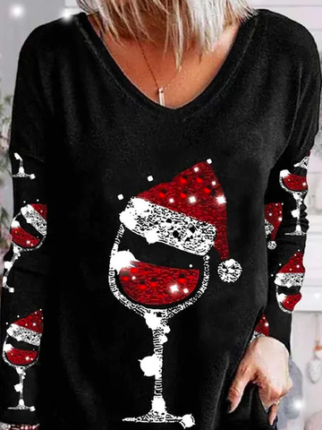 Women's Long Sleeve Blouse Spring/Fall Christmas Hot Drilling Jersey V Neck Daily Going Out Casual Top