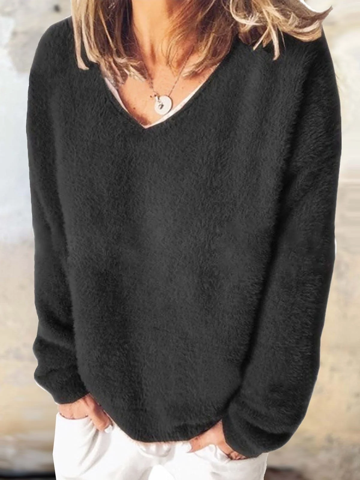 Women's V Neck Plain Casual Winter Fluff/Granular Fleece Fabric Long Sleeve Sweatshirt