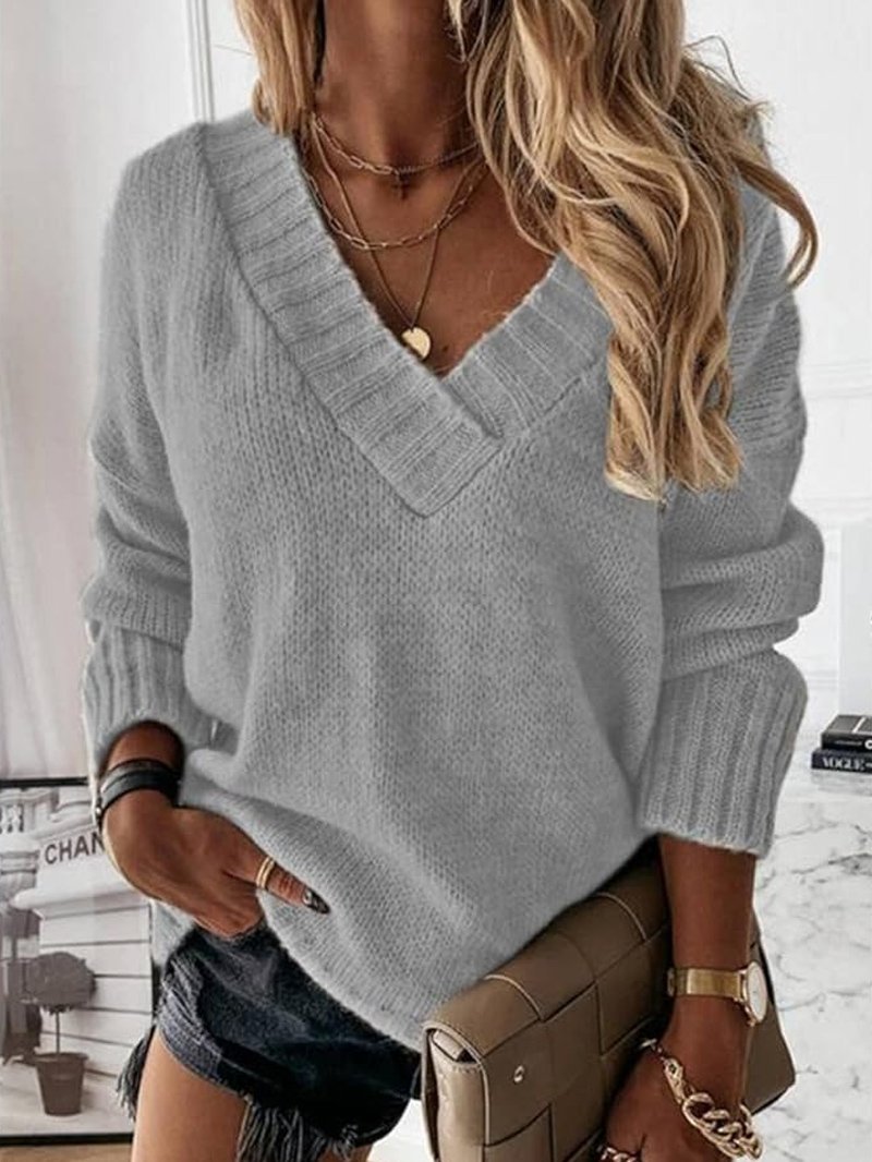 Women's Spring/Fall Plain Casual Long Sleeve V Neck Yarn/Wool Yarn Sweater