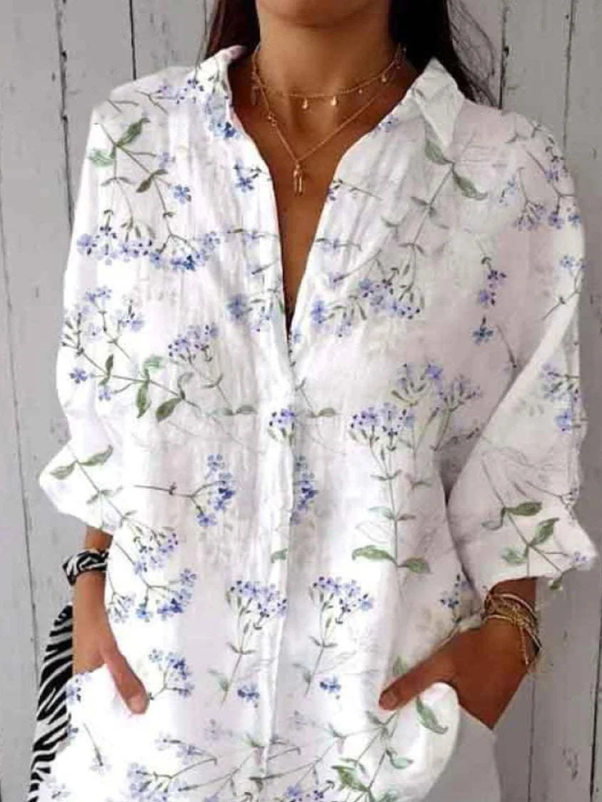 Women's Long Sleeve Shirt Spring/Fall Floral Shirt Collar Daily Going Out Casual Top