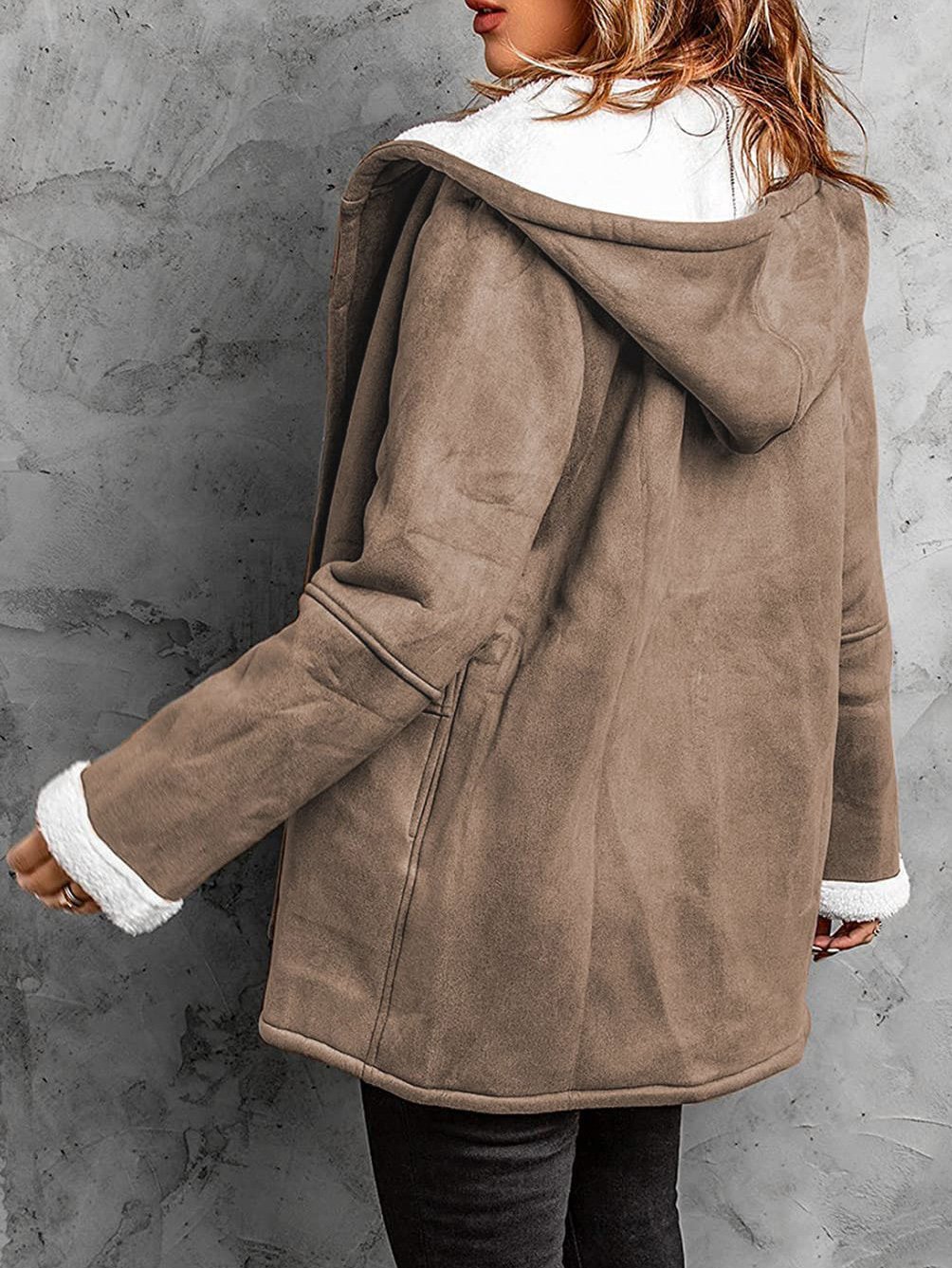 Women's Autumn Outerwear Casual Suede Buttoned Plain Long Sleeve Hoodie Jacket