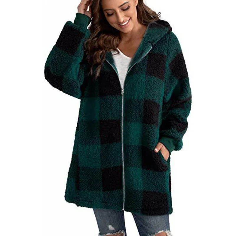 Women's Spring/Fall Outerwear Casual Fluff/Granular Fleece Fabric Zipper Plaid Long Sleeve Hoodie Jacket