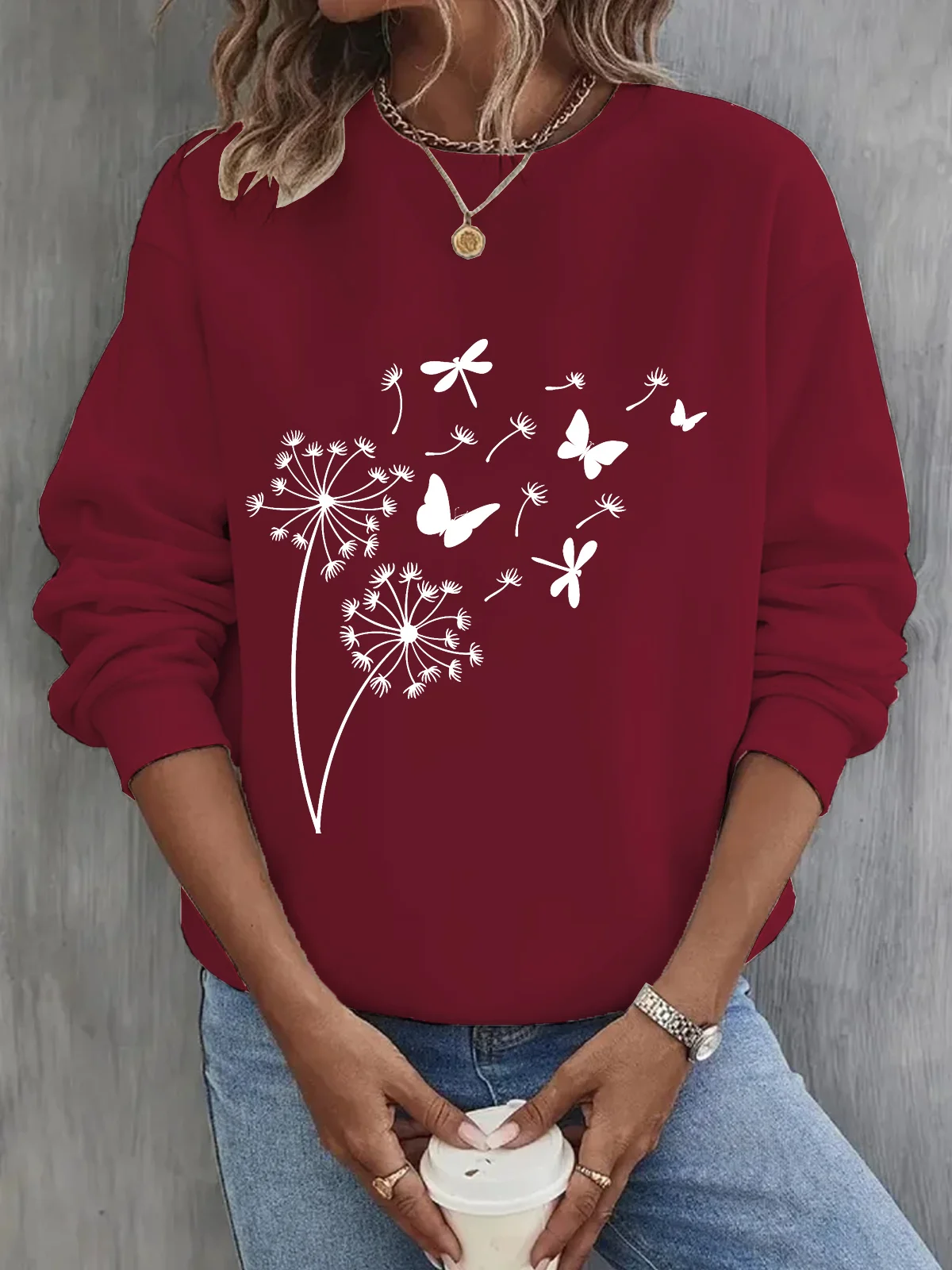 Women's Crew Neck Dandelion Casual Spring/Fall Cotton Long Sleeve Sweatshirt