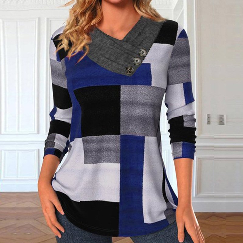 Women's Long Sleeve Blouse Spring/Fall Plaid Jersey V Neck Daily Going Out Casual Top