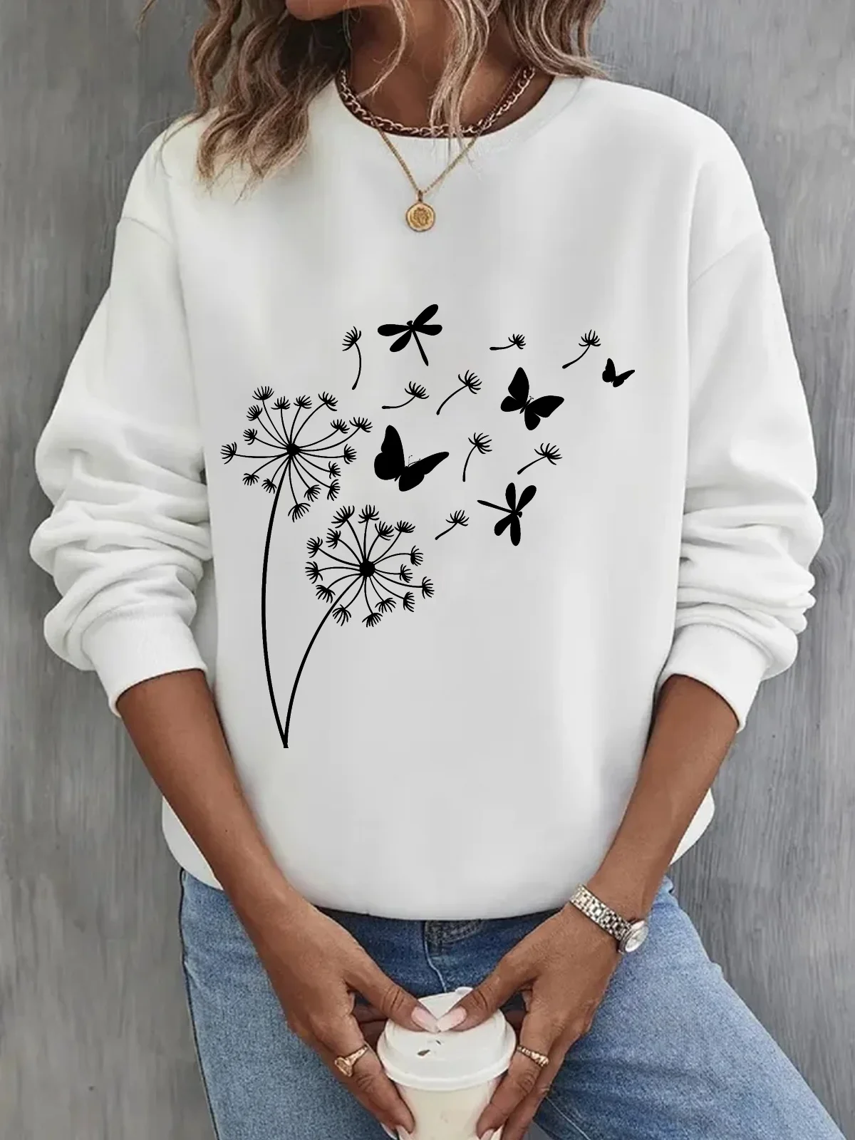 Women's Crew Neck Dandelion Casual Spring/Fall Cotton Long Sleeve Sweatshirt