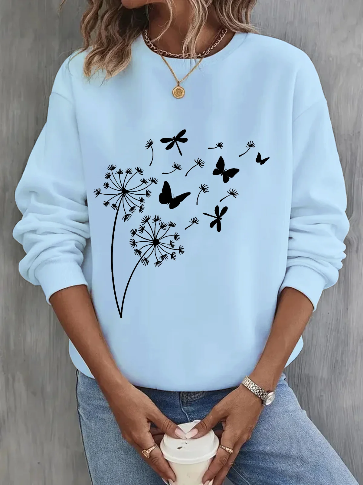 Women's Crew Neck Dandelion Casual Spring/Fall Cotton Long Sleeve Sweatshirt