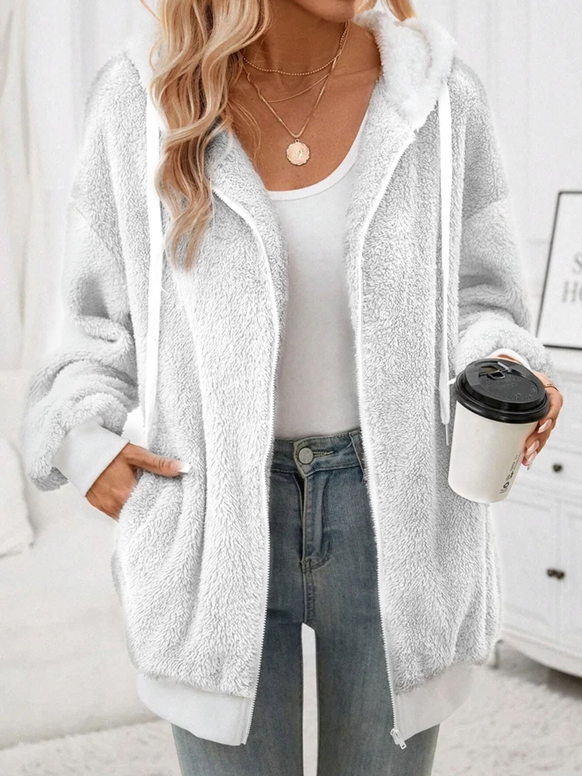 Women's Winter Outerwear Fluff/Granular Fleece Fabric Casual Zipper Plain Long Sleeve Hoodie Fleece Coat