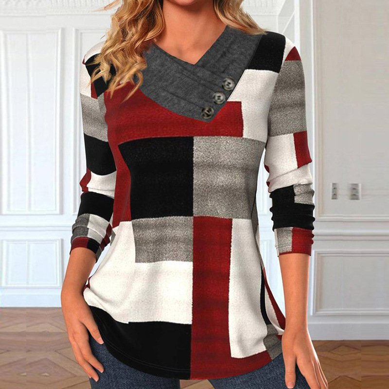 Women's Long Sleeve Blouse Spring/Fall Plaid Jersey V Neck Daily Going Out Casual Top