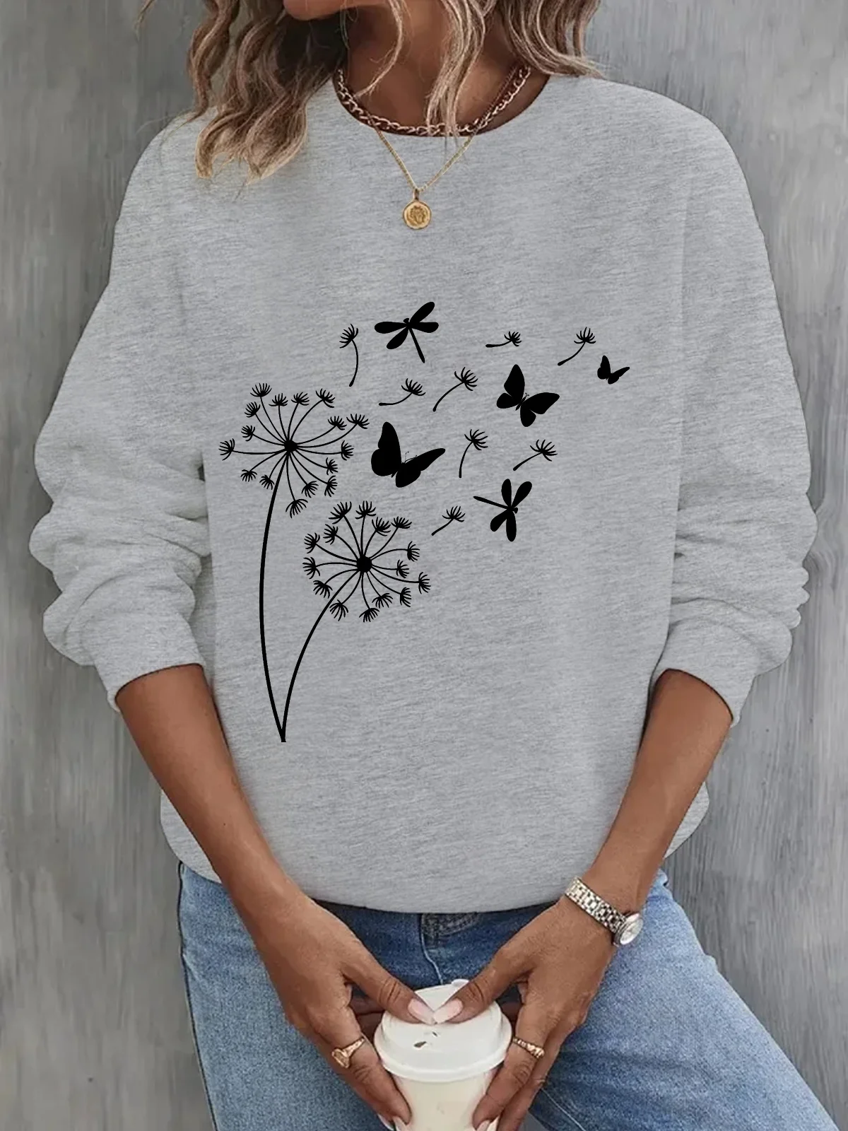 Women's Crew Neck Dandelion Casual Spring/Fall Cotton Long Sleeve Sweatshirt