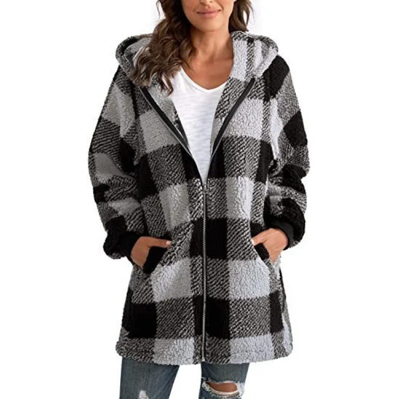 Women's Spring/Fall Outerwear Casual Fluff/Granular Fleece Fabric Zipper Plaid Long Sleeve Hoodie Jacket