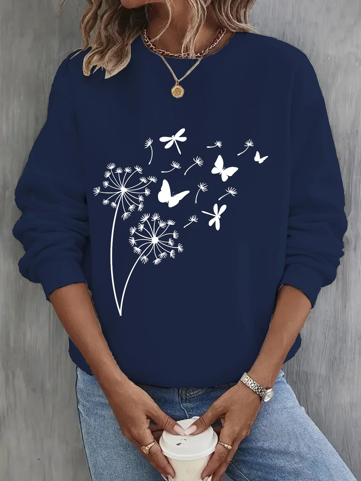 Women's Crew Neck Dandelion Casual Spring/Fall Cotton Long Sleeve Sweatshirt