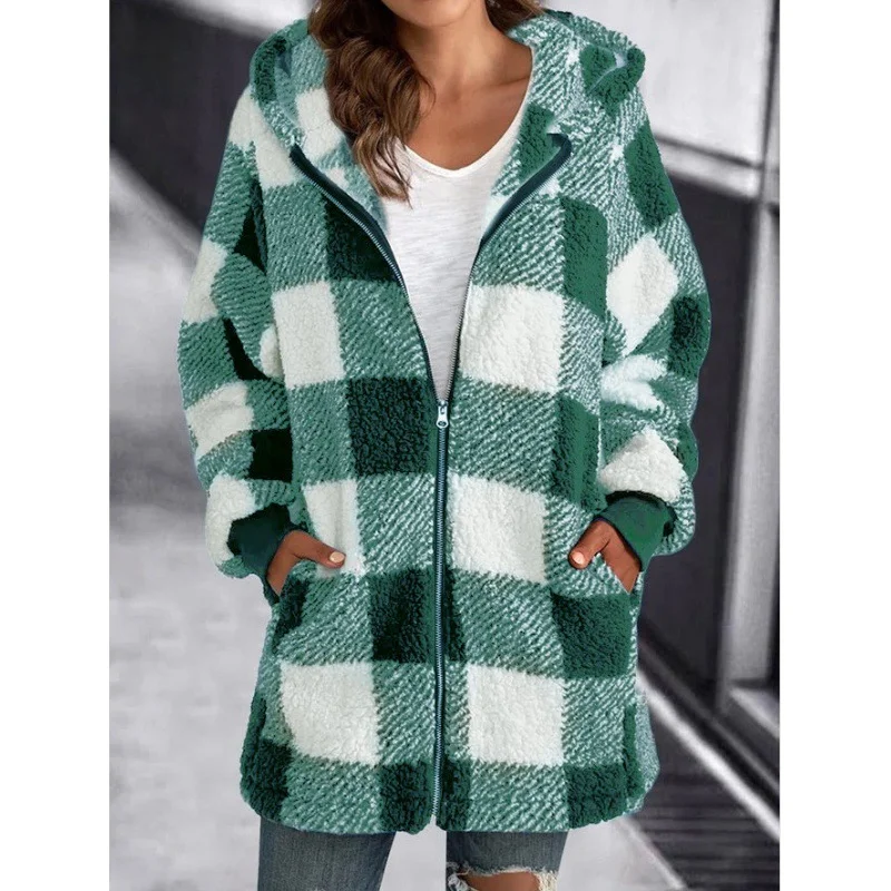 Women's Spring/Fall Outerwear Casual Fluff/Granular Fleece Fabric Zipper Plaid Long Sleeve Hoodie Jacket