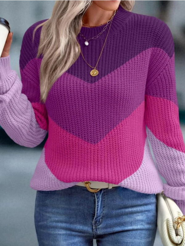 Women's Spring/Fall Color Block Casual Long Sleeve Crew Neck Yarn/Wool Yarn Sweater