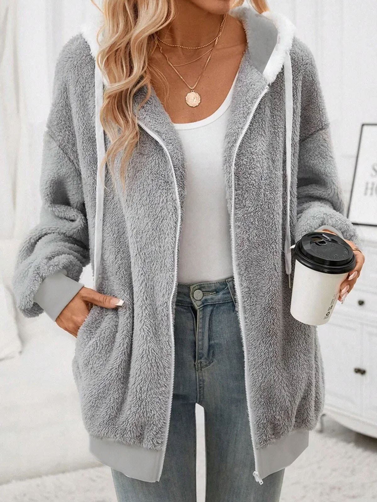 Women's Winter Outerwear Fluff/Granular Fleece Fabric Casual Zipper Plain Long Sleeve Hoodie Fleece Coat