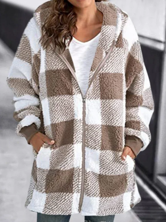 Women's Spring/Fall Outerwear Casual Fluff/Granular Fleece Fabric Zipper Plaid Long Sleeve Hoodie Jacket